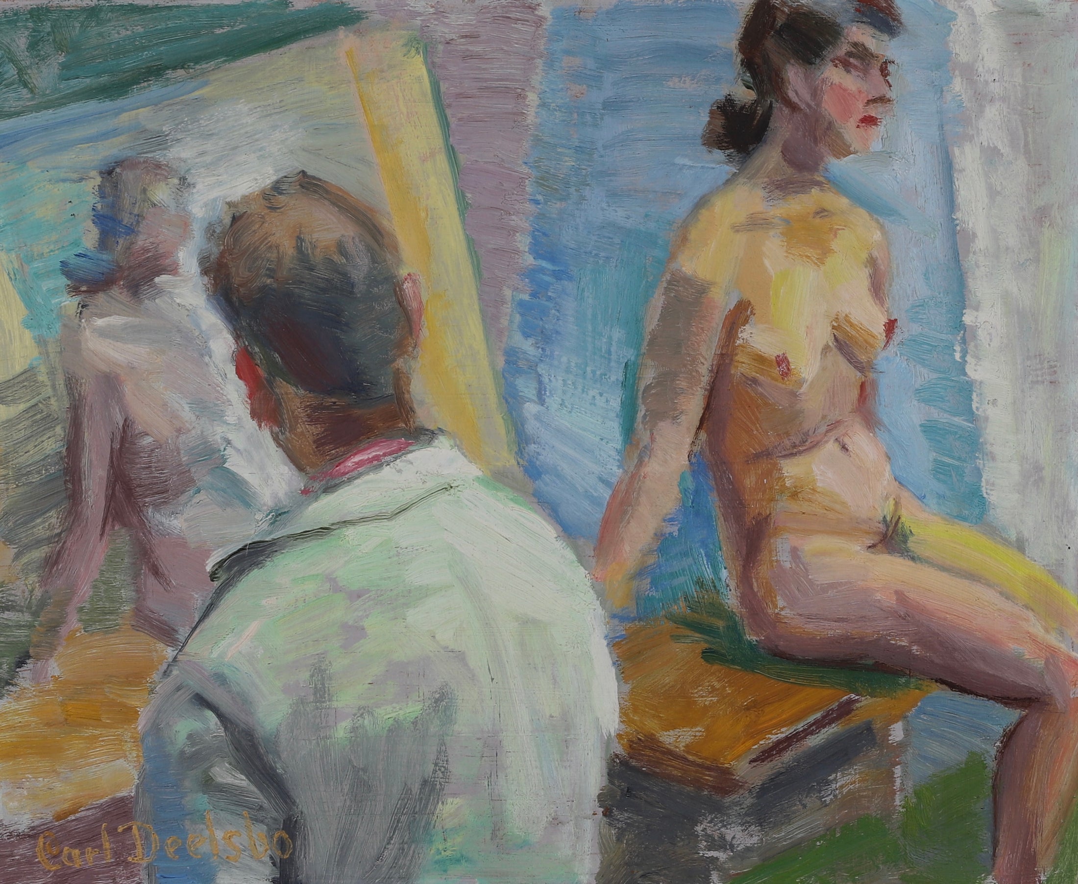 Mid Century Original Figure Oil Painting by C Deelsbo Sweden