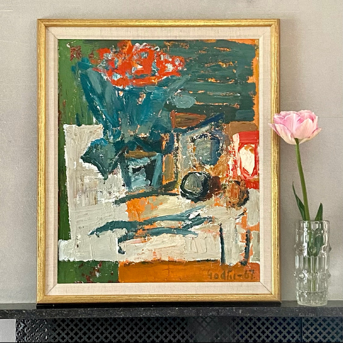 Mid Century Original Still Life Oil Painting By R Godin Sweden 1967