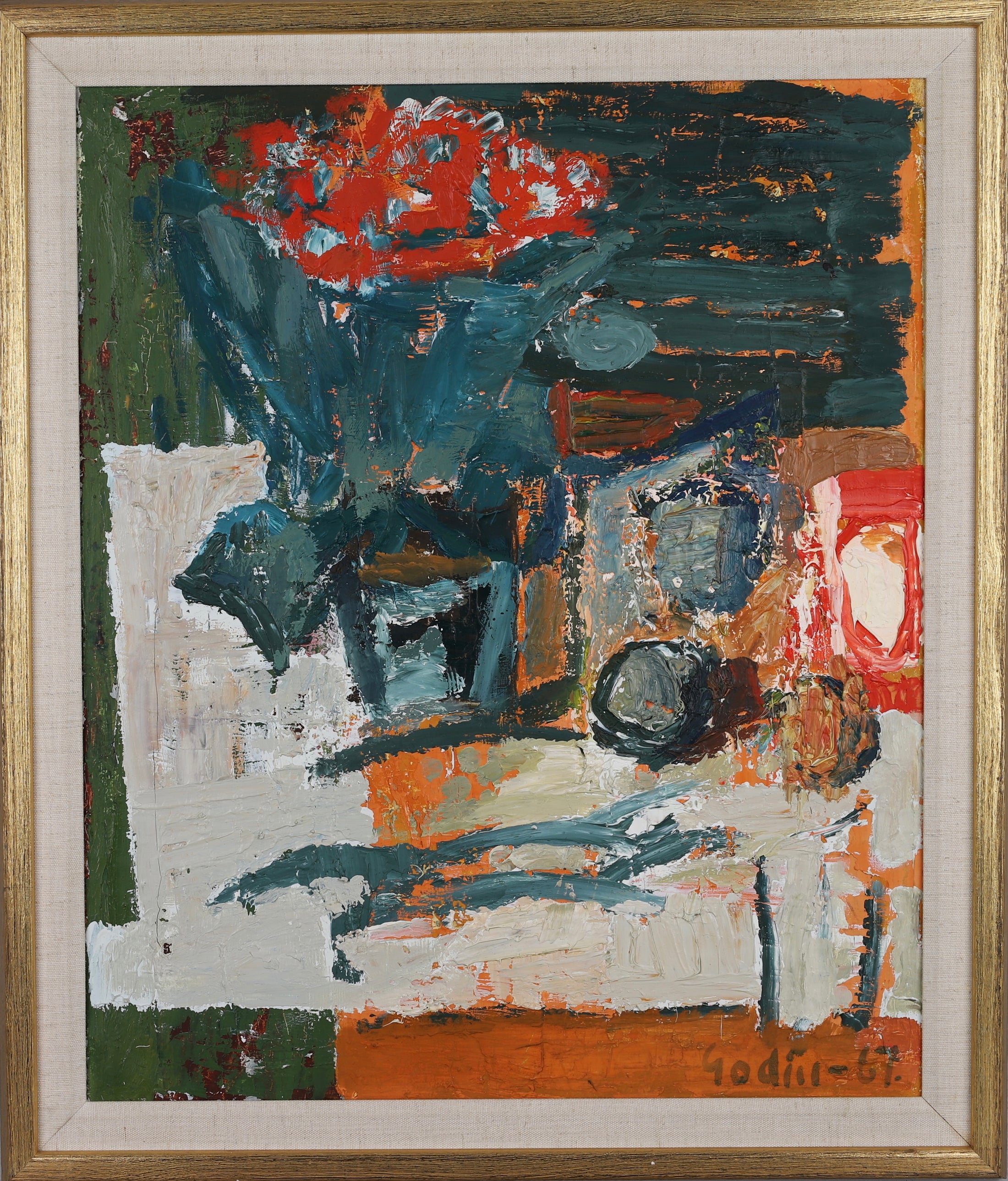 Mid Century Original Still Life Oil Painting By R Godin Sweden 1967
