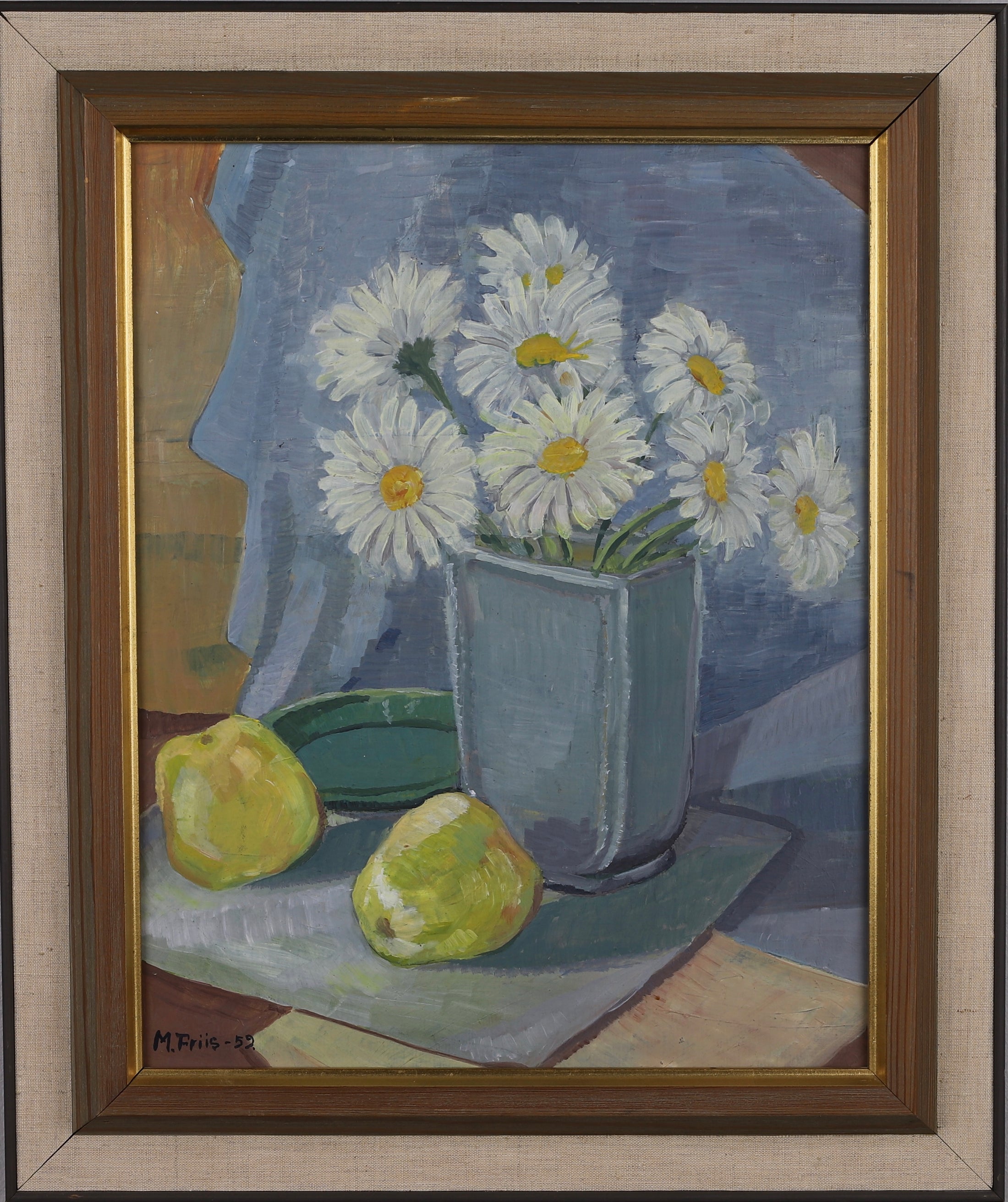 Mid Century Original Still Life Oil Painting By M Friis Sweden