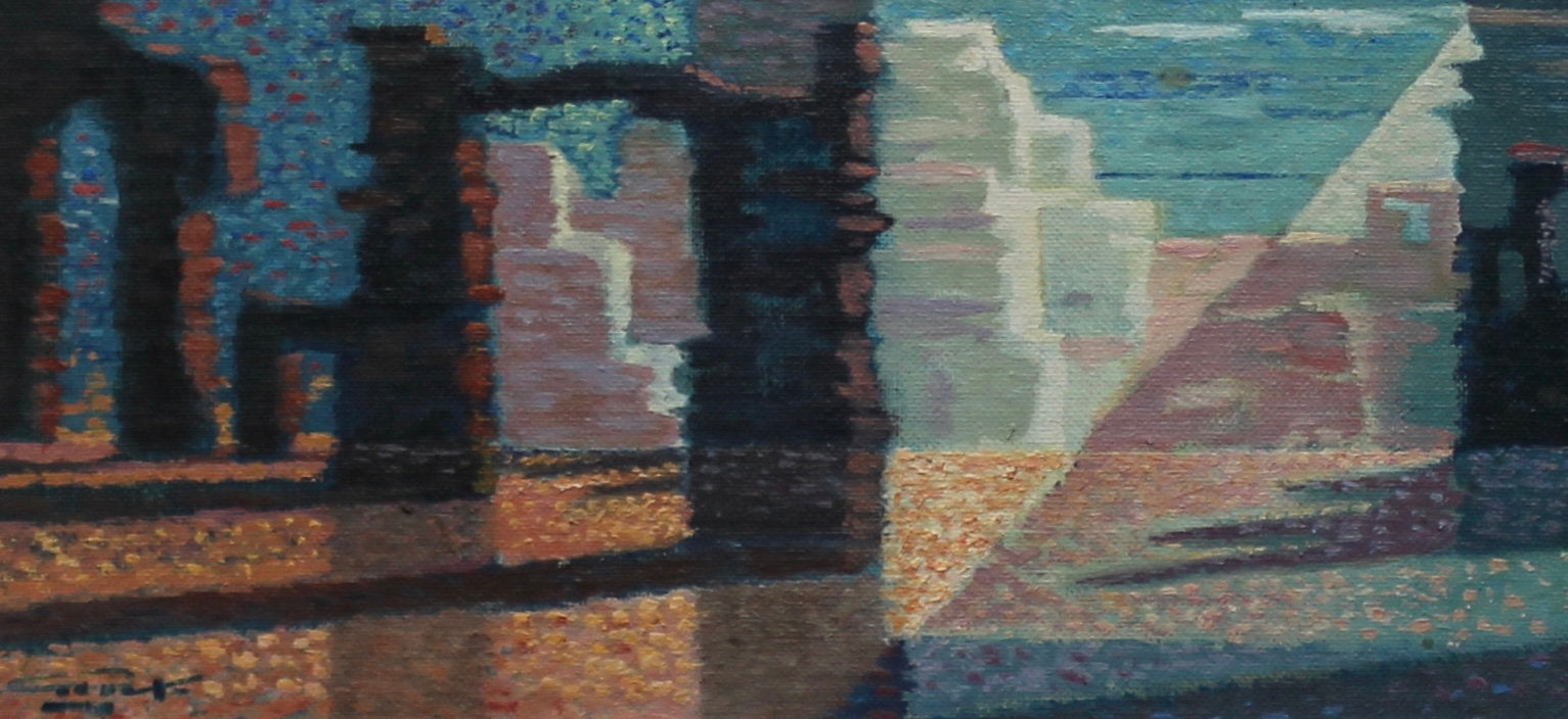 Mid Century Framed Art Surreal Oil Painting from Sweden by Göte Rex
