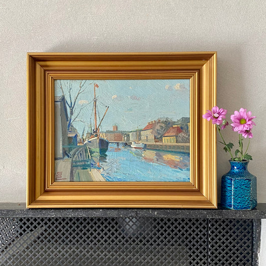 Vintage Seascape Oil Painting Fine Art Original of Boat in Harbor