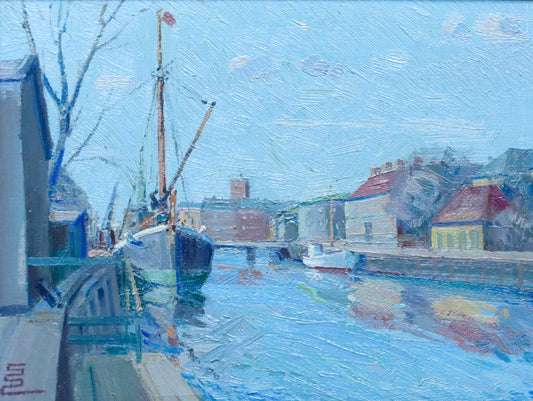 Vintage Seascape Oil Painting Fine Art Original of Boat in Harbor