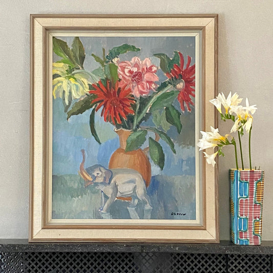 Vintage Mid Century Still Life Oil Painting from Sweden Signed Olsson