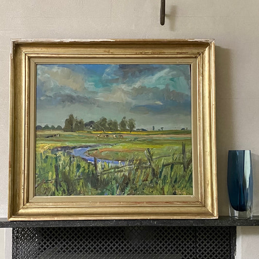 Vintage Original Oil Painting of Cows Grazing From Sweden