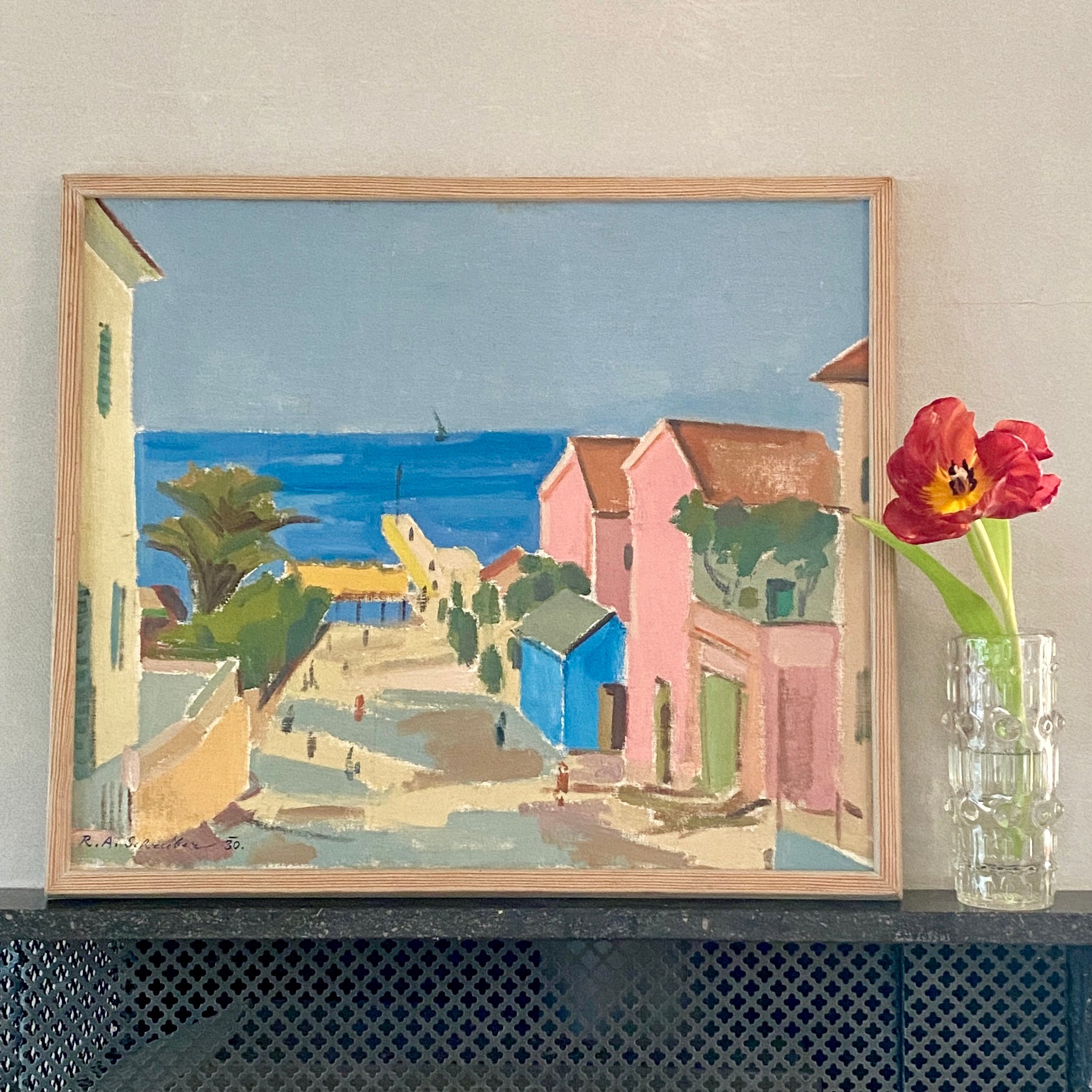 Mid Century Original Oil Painting By R Schreiber Sweden 1930