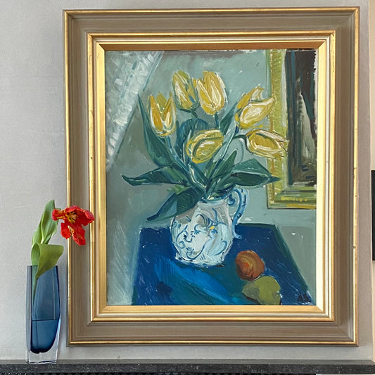 Mid Century Original Still Life Oil Painting of Tulips From Sweden