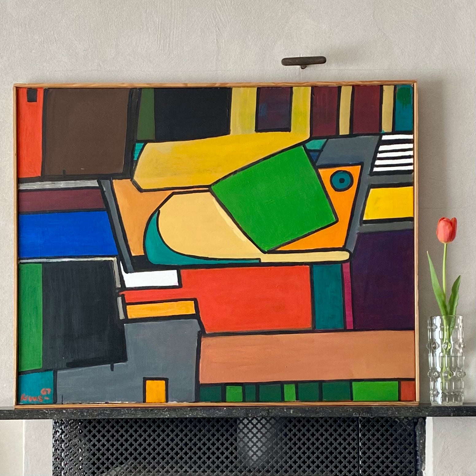 Mid Century Abstract Oil Painting By HW Sundburg Sweden 1967