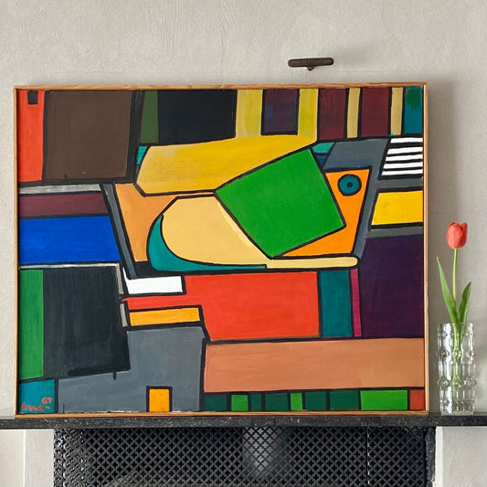 Mid Century Abstract Oil Painting By HW Sundburg Sweden 1967