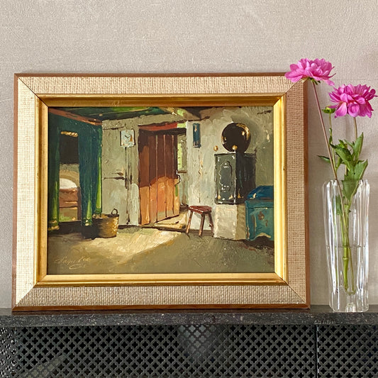 Mid Century Interior Oil Painting From Sweden By VO Schnach