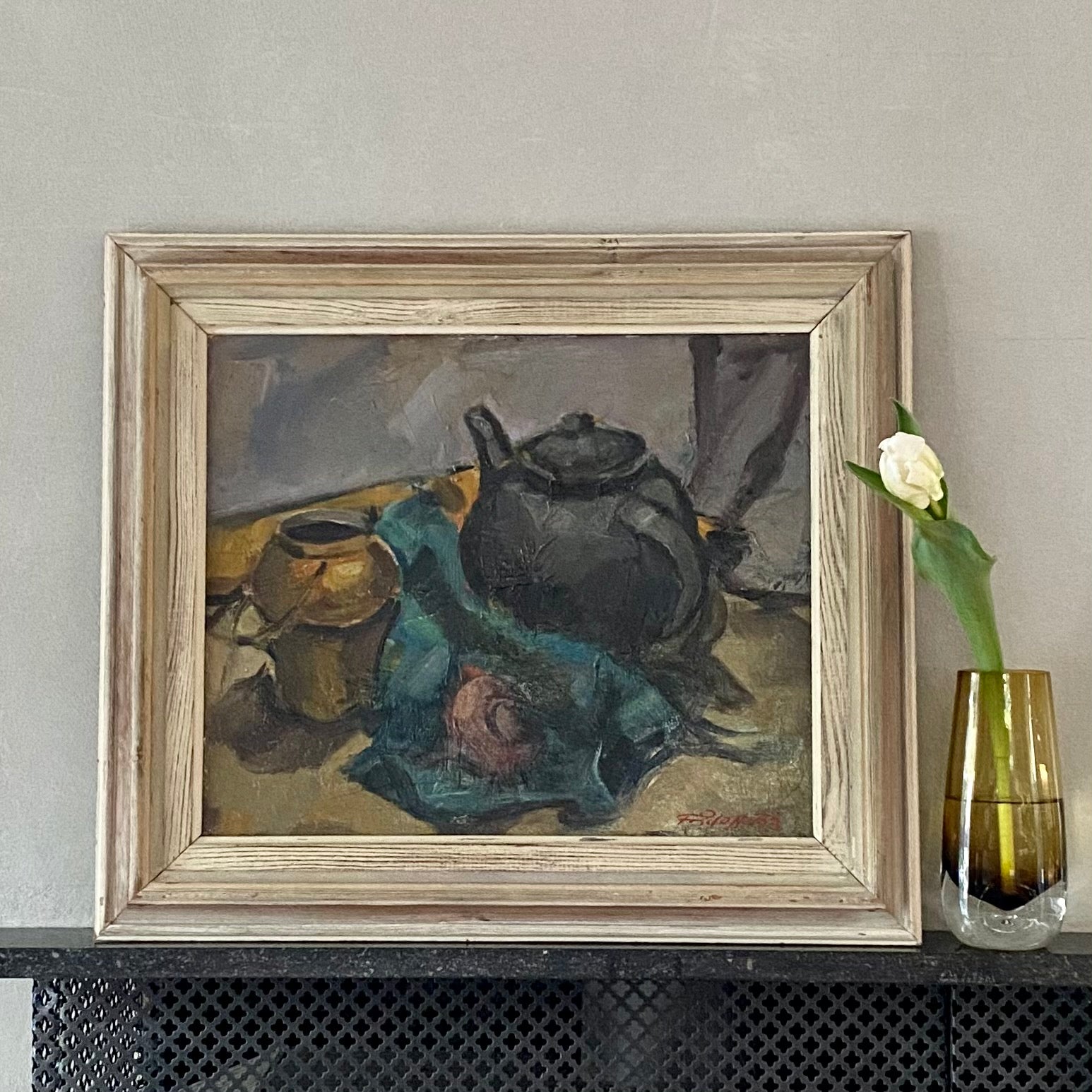 Mid Century Original Still Life Oil Painting from Sweden 1953