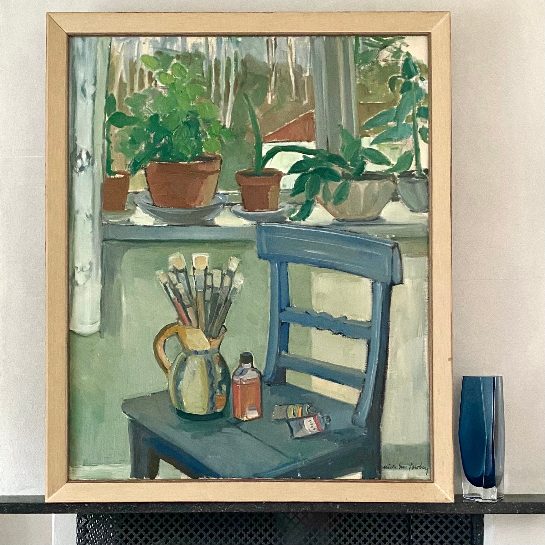 Mid Century Artist Studio Interior Oil Painting From Sweden