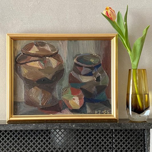Mid Century Original Still Life Oil Painting From 1956 Sweden