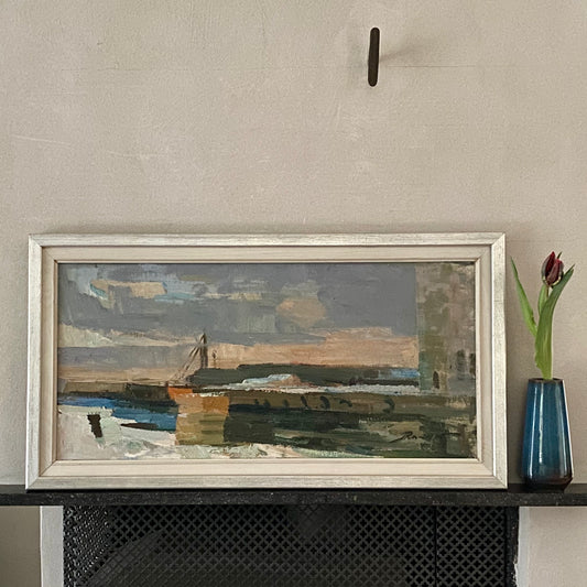 Original Vintage Oil Painting Of Harbor By Hans Rosenquist Sweden