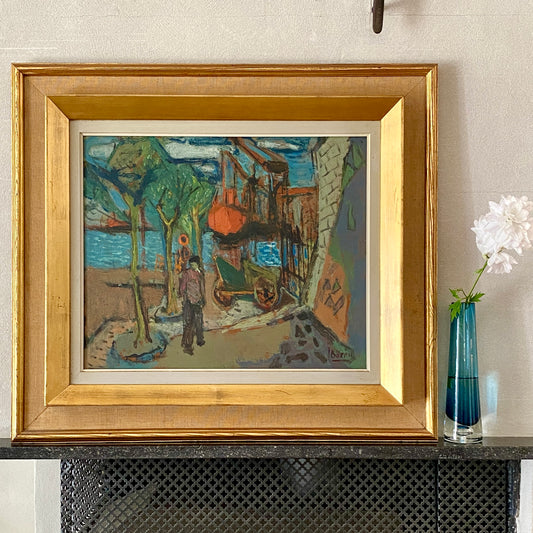 Mid Century Harbor Oil Painting from Sweden By J Bören