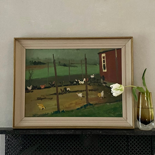Vintage Original Chicken Coop Oil Painting from Sweden