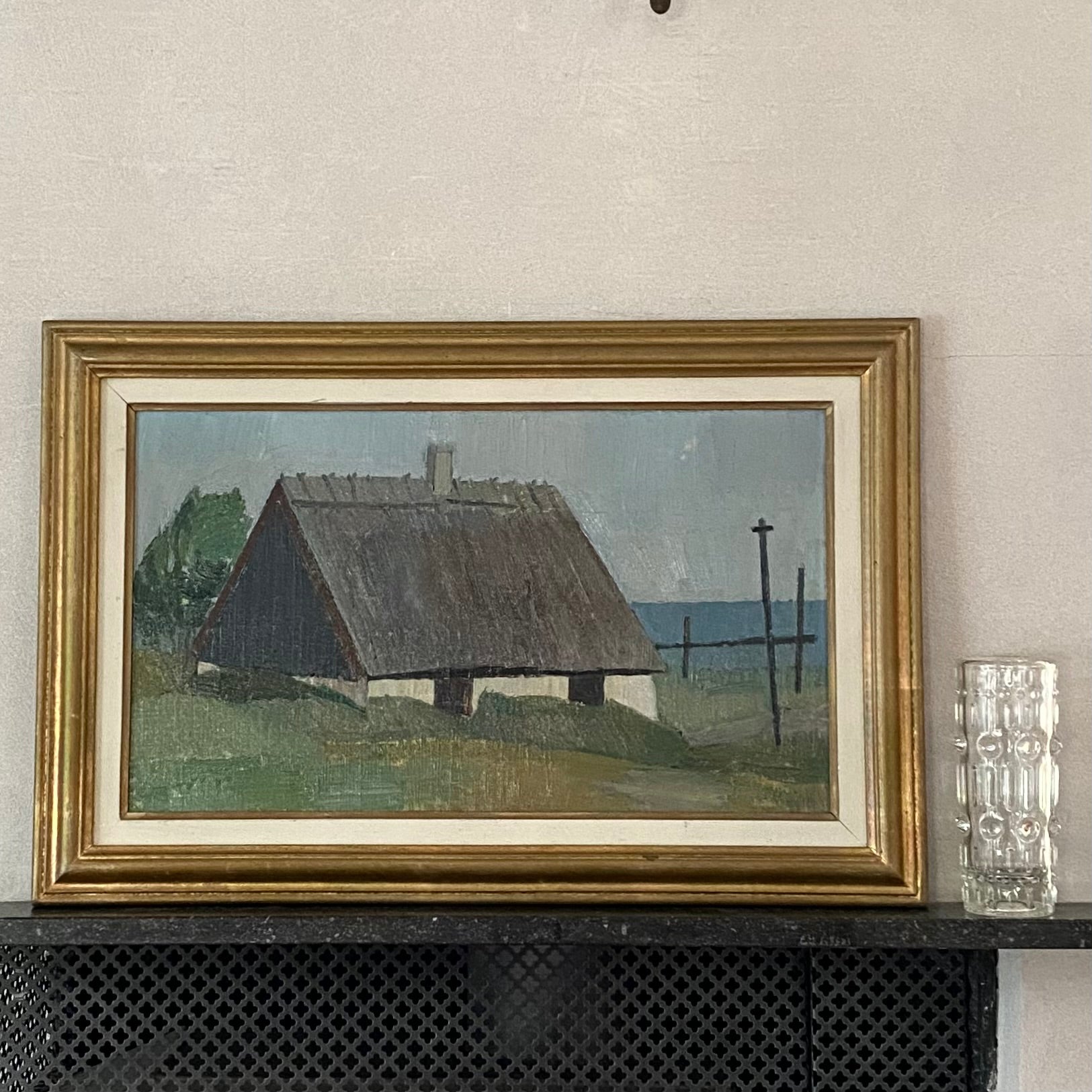 Vintage Mid Century Coastal Oil Painting of Seaside House From Sweden
