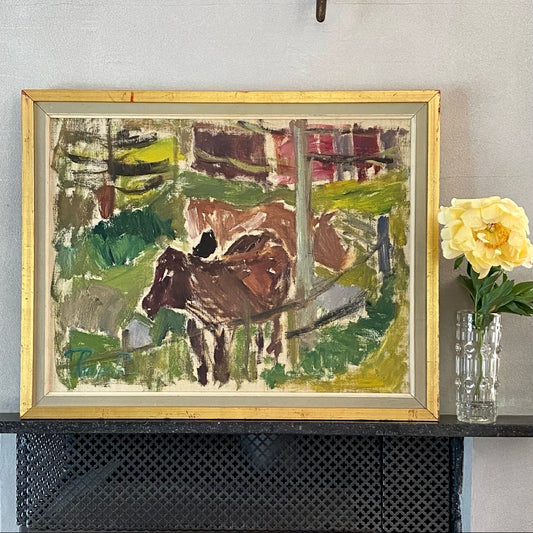 Mid Century Oil Painting Calves By Rune Persson Sweden