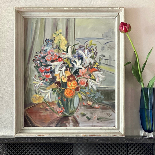 Original Still Life Oil Painting Vintage Mid Century Sweden 1942