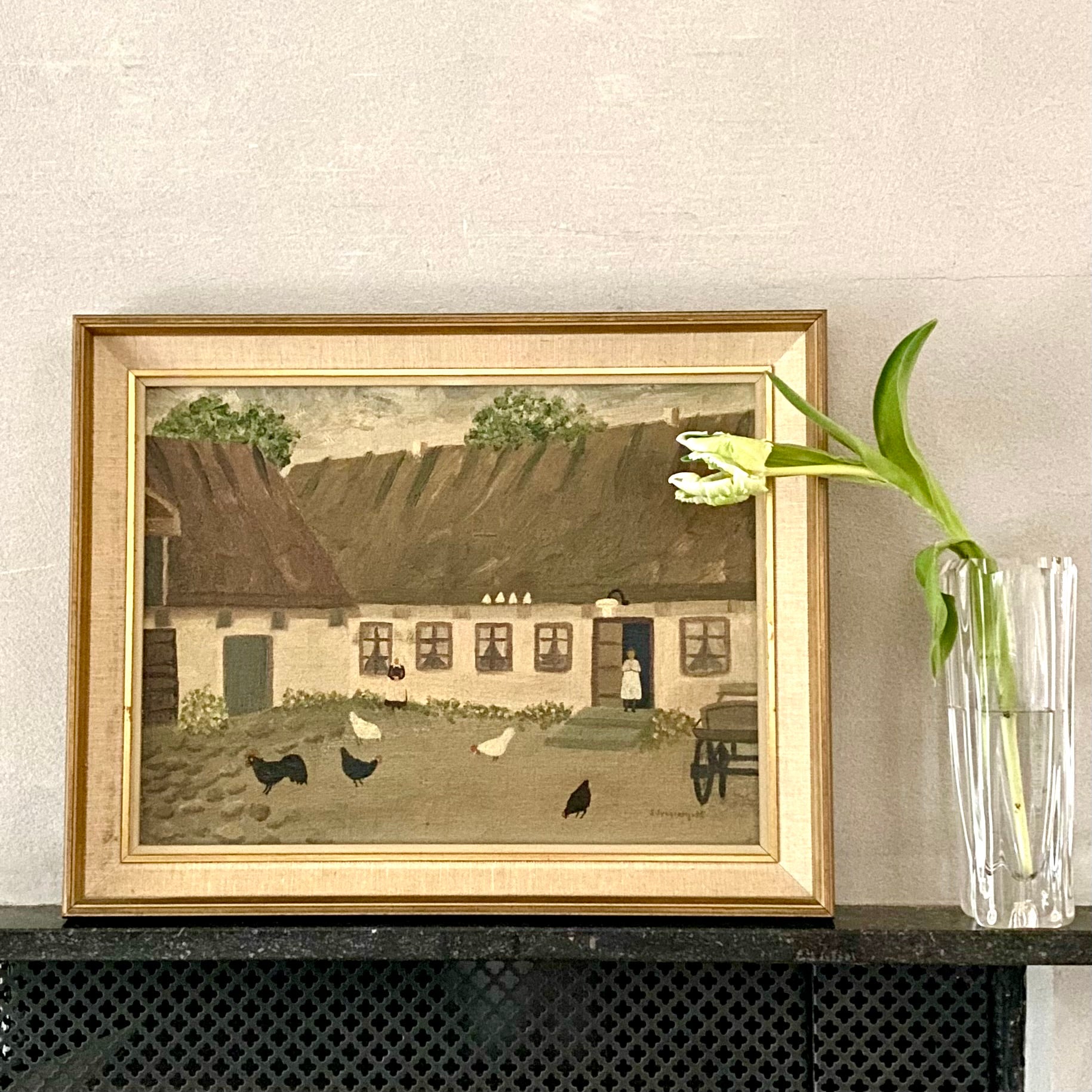 Mid Century Chicken Oil Painting From Sweden 1935