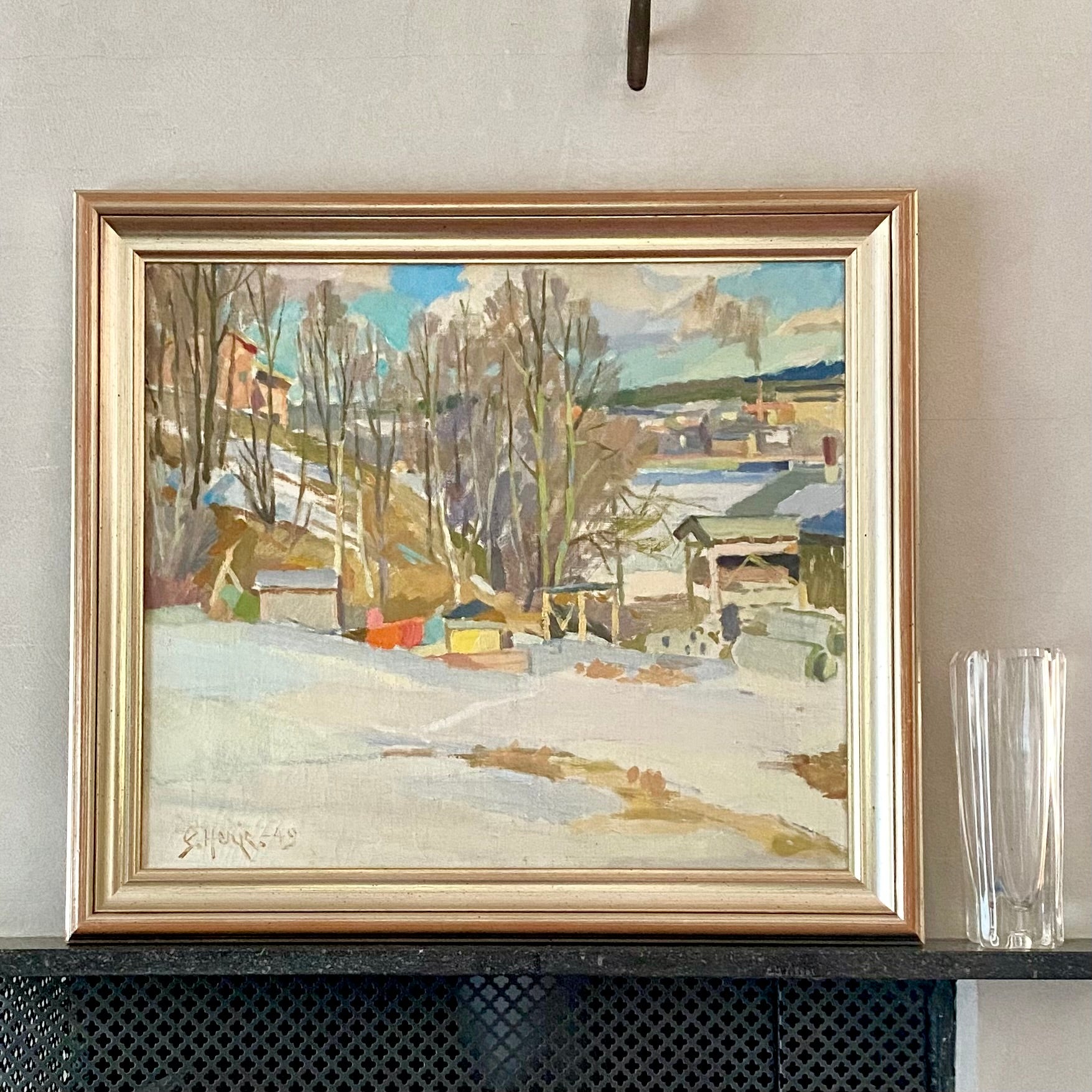 Mid Century Winterscape Oil Painting By Henje Sweden