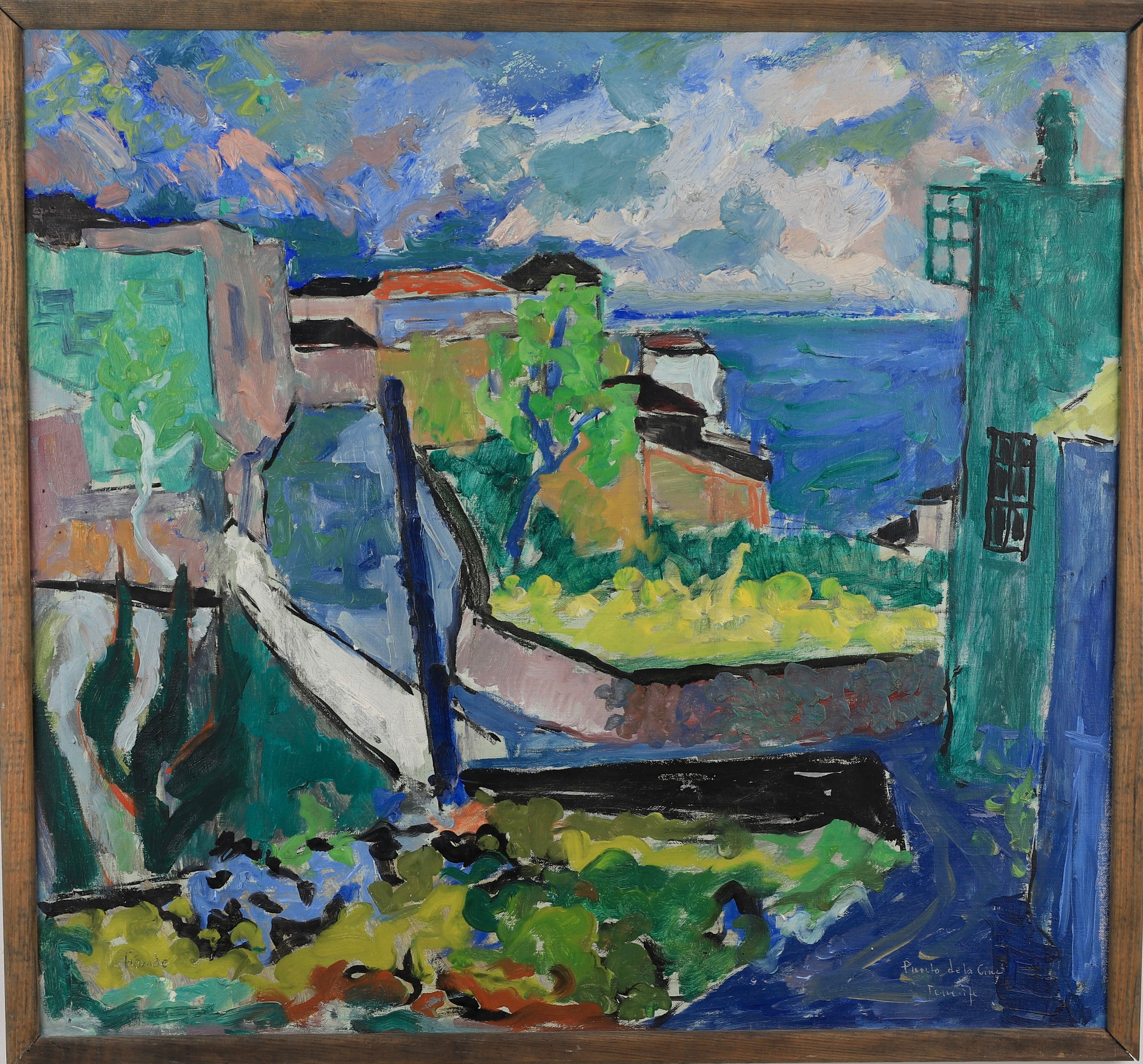 Mid Century Harbor Scene Original Vintage Oil Painting from Sweden