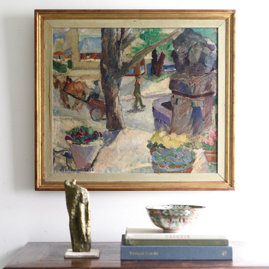 Vintage Village Square Mid Century Oil Painting from Sweden