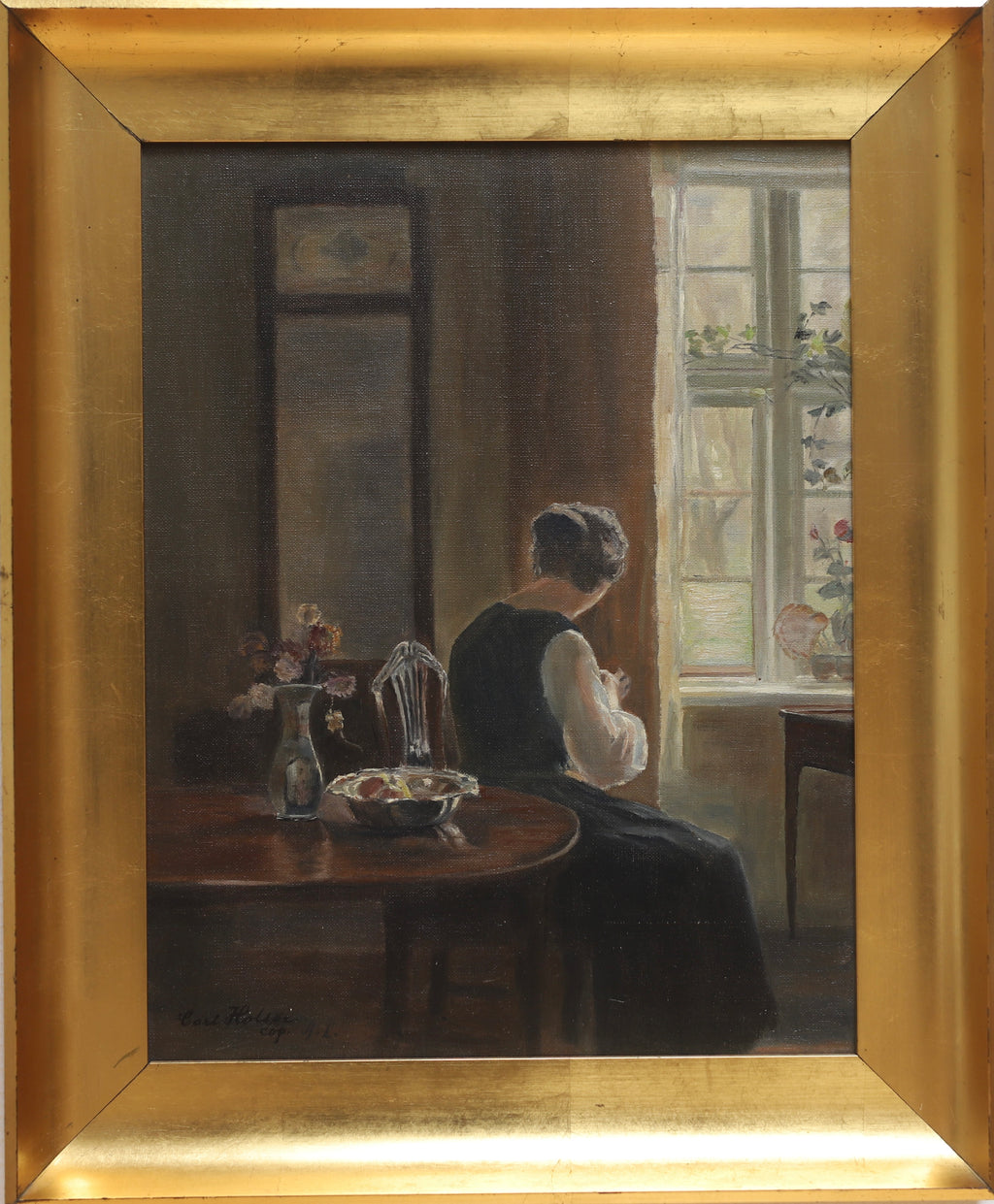 Swedish Vintage Figure in Interior Oil Painting From Sweden