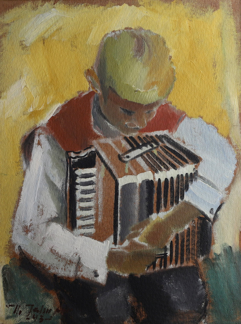 Vintage Portrait Oil Painting of Boy Playing an Accordion From Sweden 1943