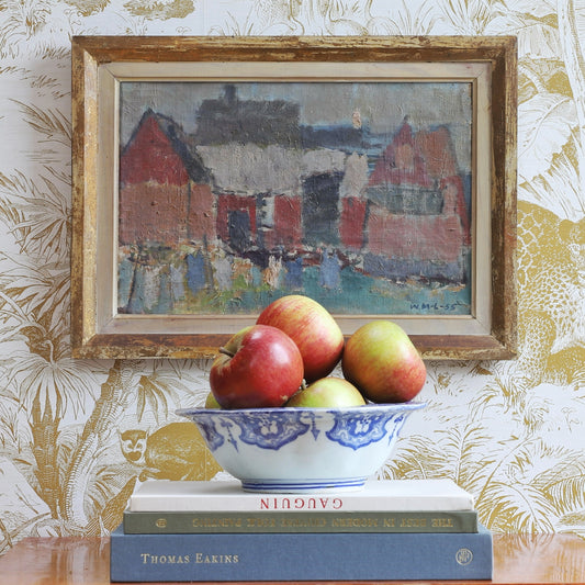 Charming Swedish Vintage Original Village Oil Painting