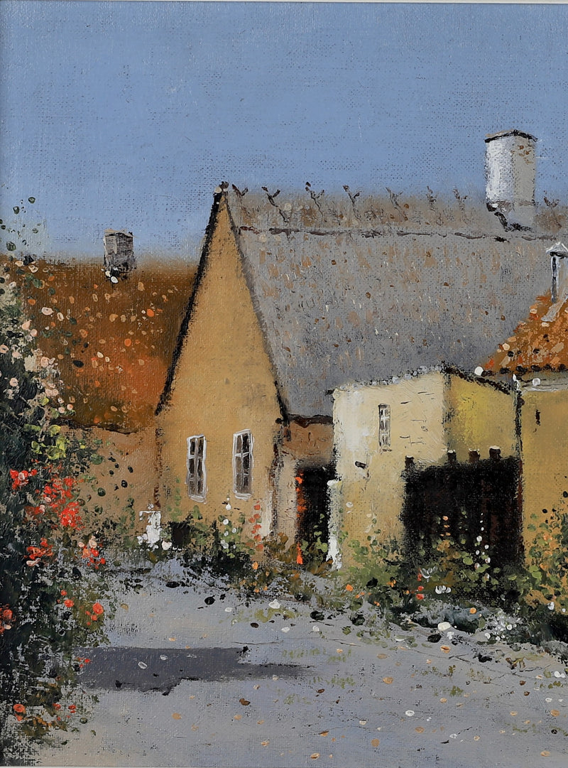 Swedish Vintage Village Scene Oil Painting From Sweden