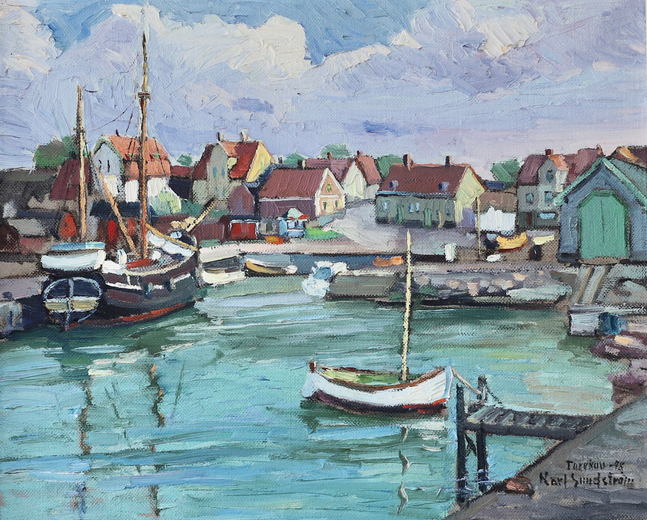 Original Vintage Art Harbor Oil Painting From Sweden