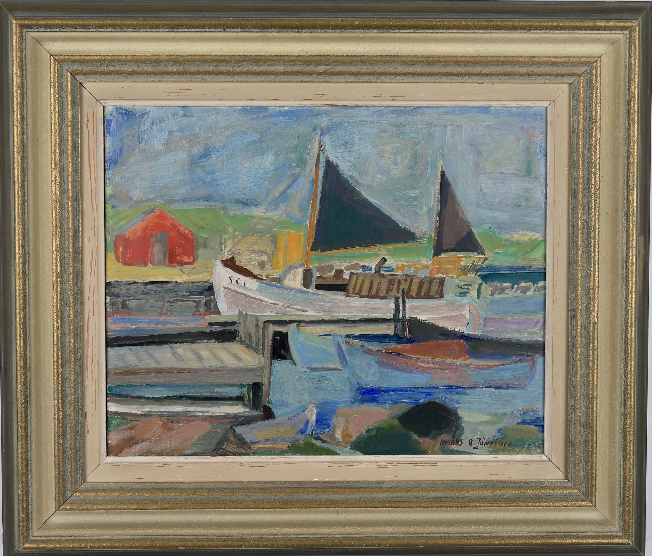 Original Vintage Harbor Scene Oil Painting By A Jönsson Sweden