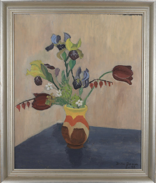 Original Still Life Floral Oil Painting Vintage Mid Century Sweden