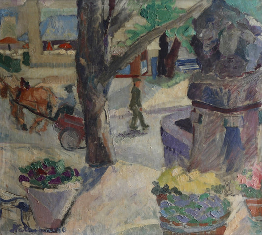 Vintage Village Square Mid Century Oil Painting from Sweden