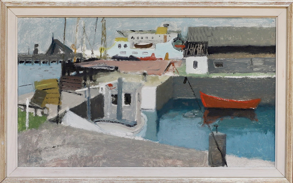 Mid Century Harbor Oil Painting from Sweden By G Isaksson