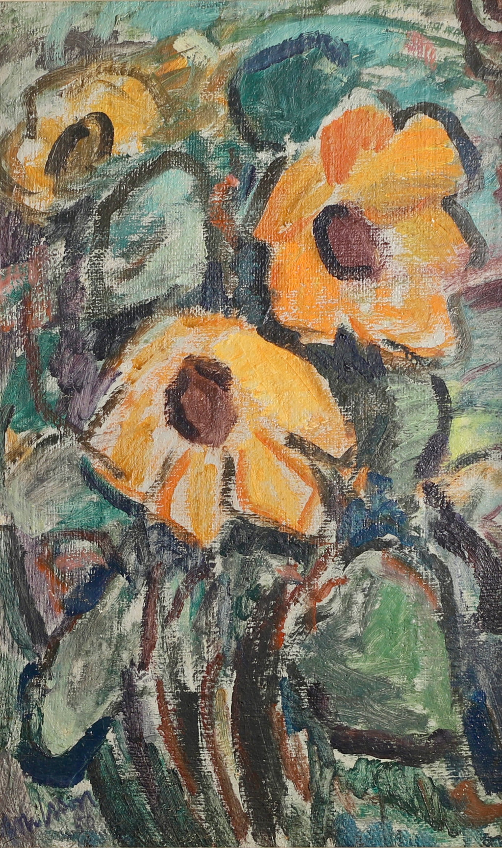 Large Original Vintage Sunflower Oil Painting from Sweden