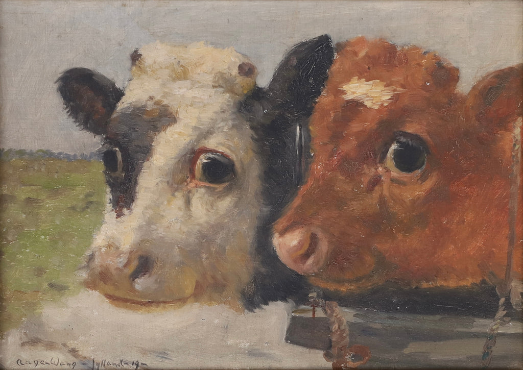 Vintage Art Room Original Oil Painting of Calves From Sweden