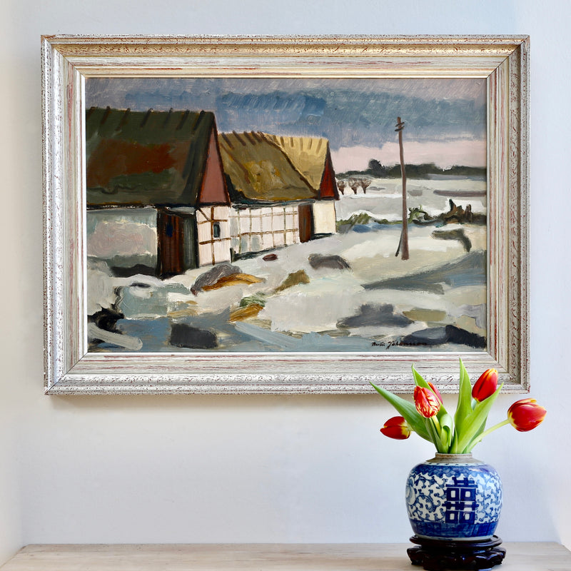 Mid Century Vintage Original Farmhouse Oil Painting from Sweden