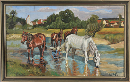Vintage Art Original Oil Painting of Horses From Sweden