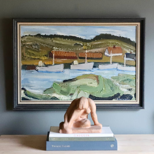 Original Vintage Art Oil Painting Of Harbor From Sweden