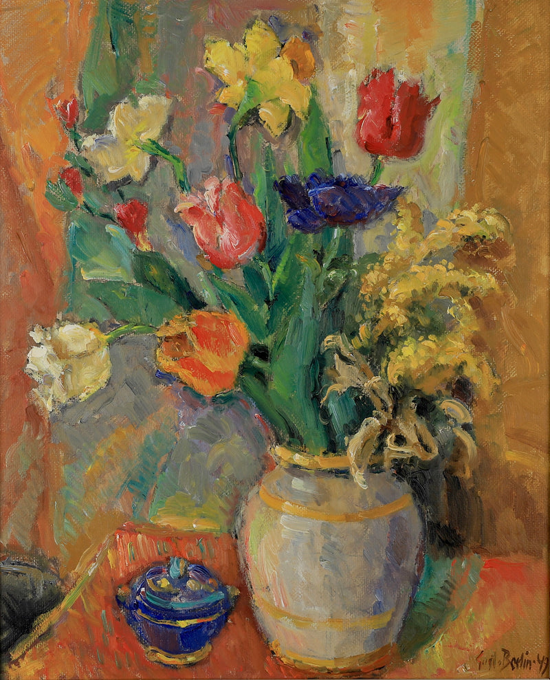 Vintage Oil Painting Floral Still Life From Sweden 1949