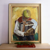Vintage Portrait Oil Painting of Boy Playing an Accordion From Sweden 1943