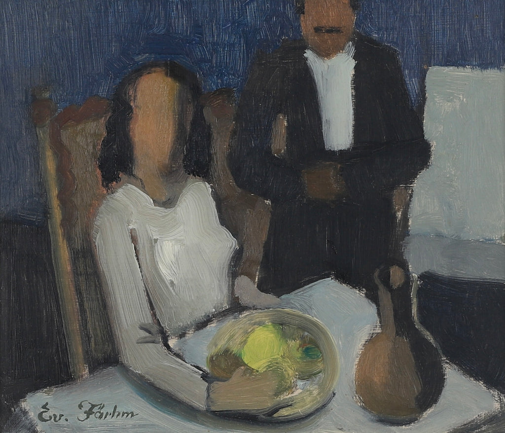 Mid Century Original Dining Scene Oil Painting from Sweden