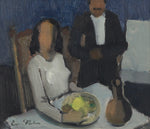 Mid Century Original Dining Scene Oil Painting from Sweden