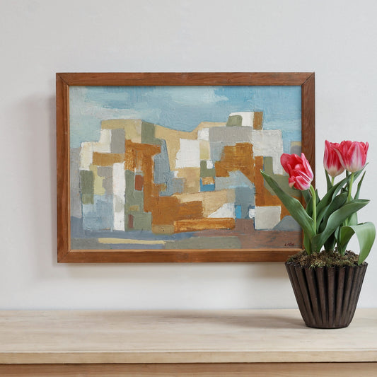 Mid Century Vintage Original Cityscape Oil Painting From Sweden 1955