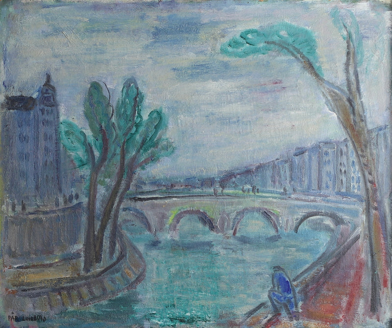 Vintage Art Room Mid Century Oil Painting of Paris From Sweden