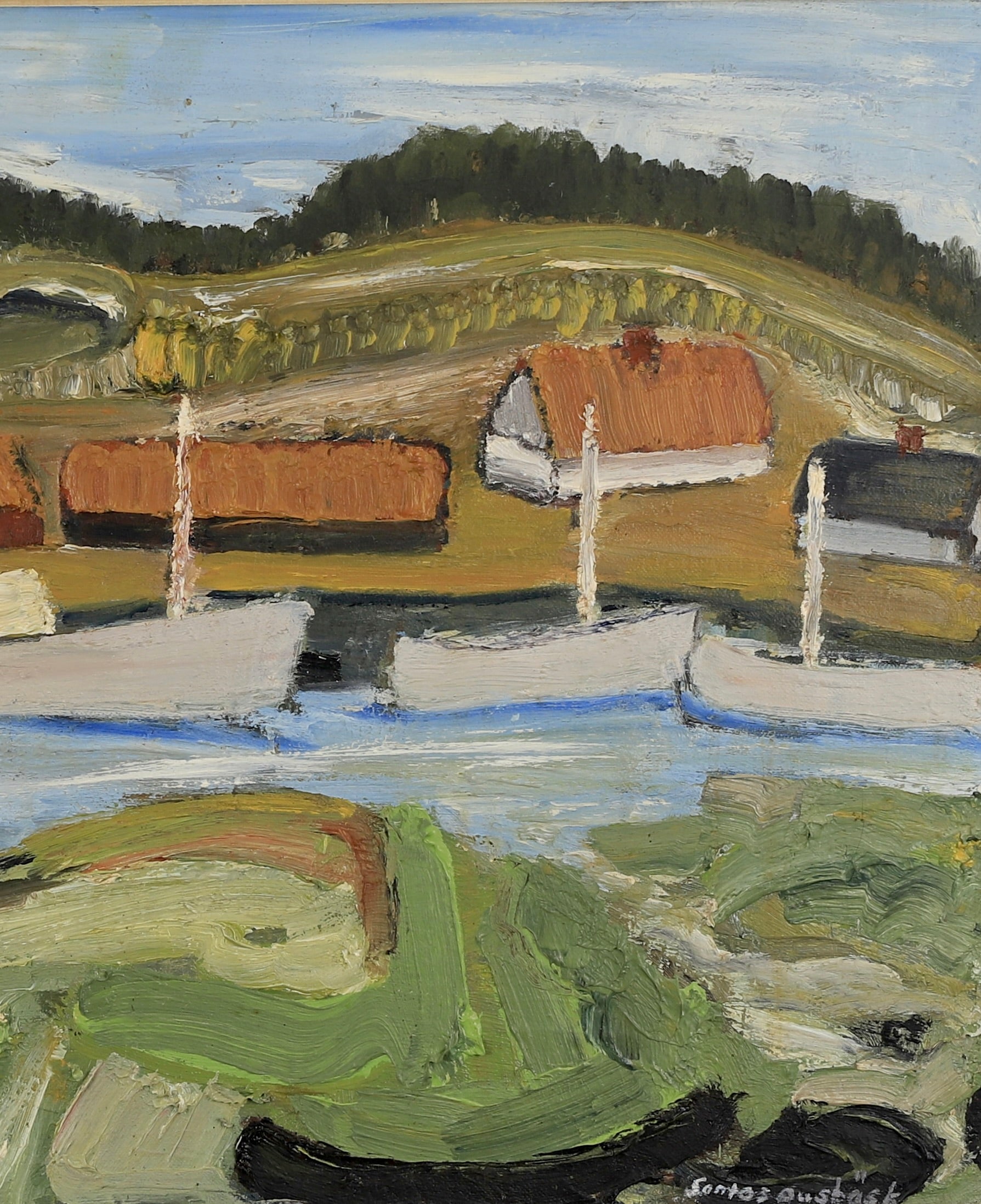 Original Vintage Art Oil Painting Of Harbor From Sweden