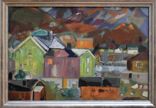 Colorful Mid Century Original Vintage Oil Painting from Sweden