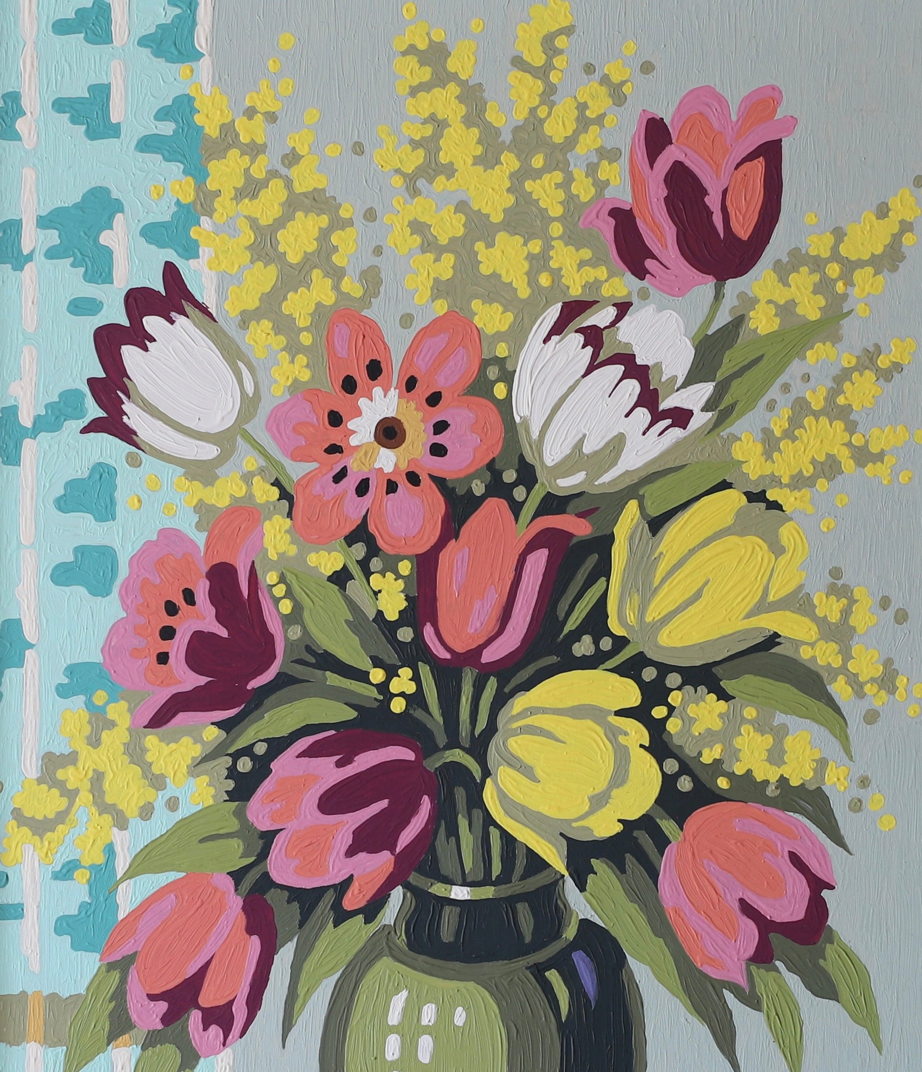 Mid Century Original Still Life Oil Painting of Tulips From Sweden